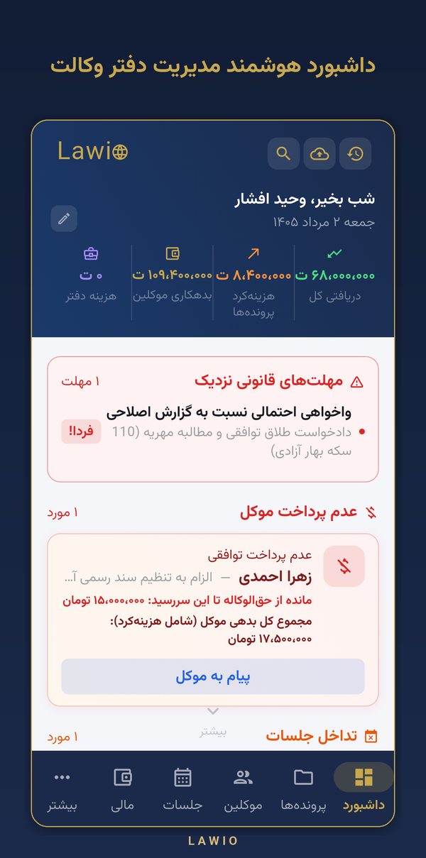 داشبورد کلی پرونده‌ها و مالی — نمای اپلیکیشن لاویو